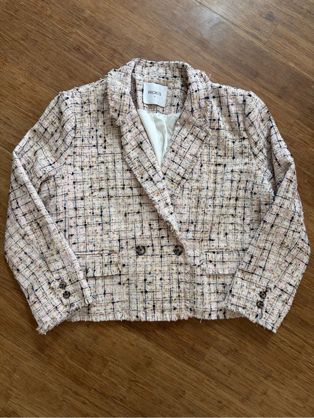 Ricki’s Bouclé Tweed Fringed Double Breasted Cropped Blazer Metallic Sz XL